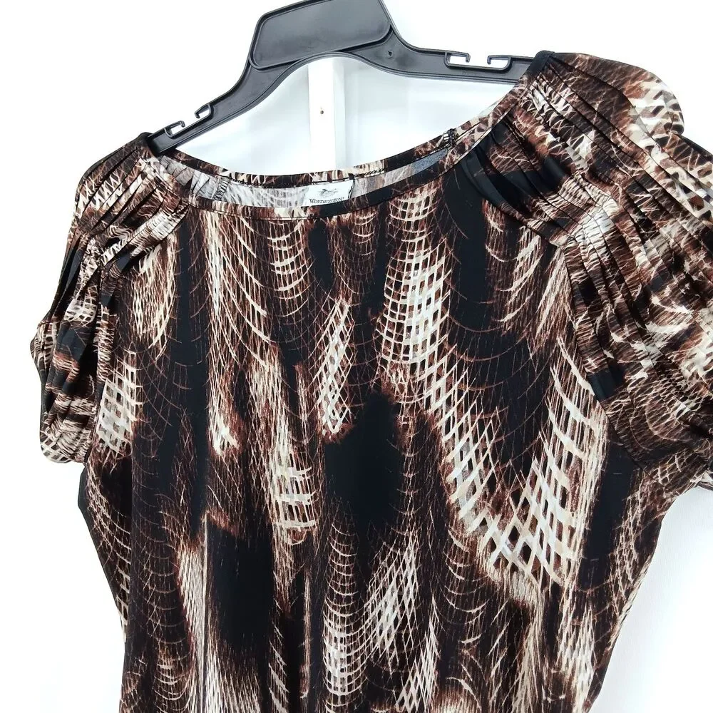 Worthington Blouse Women Large Brown Animal Print Boat Neck Short Sleeve Top - Picture 2 of 6
